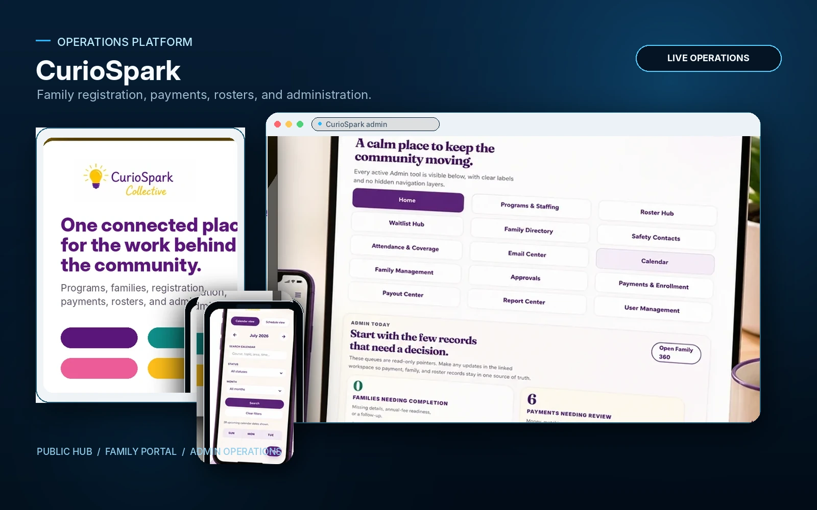 CurioSpark family and administration system shown across desktop and mobile
