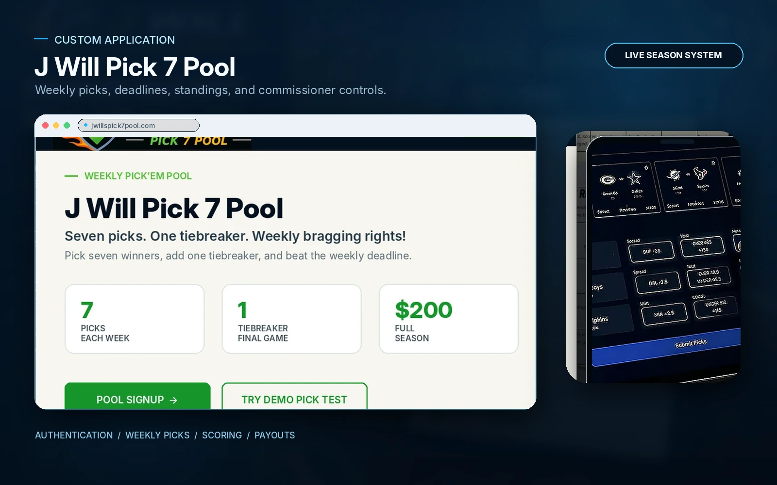 J Will Pick 7 private web application shown on a tablet