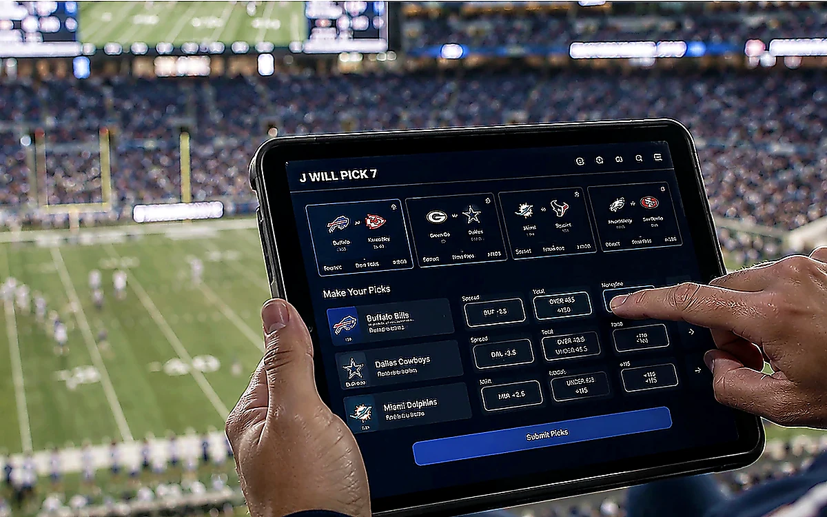 J Will Pick 7 private web application shown on a tablet