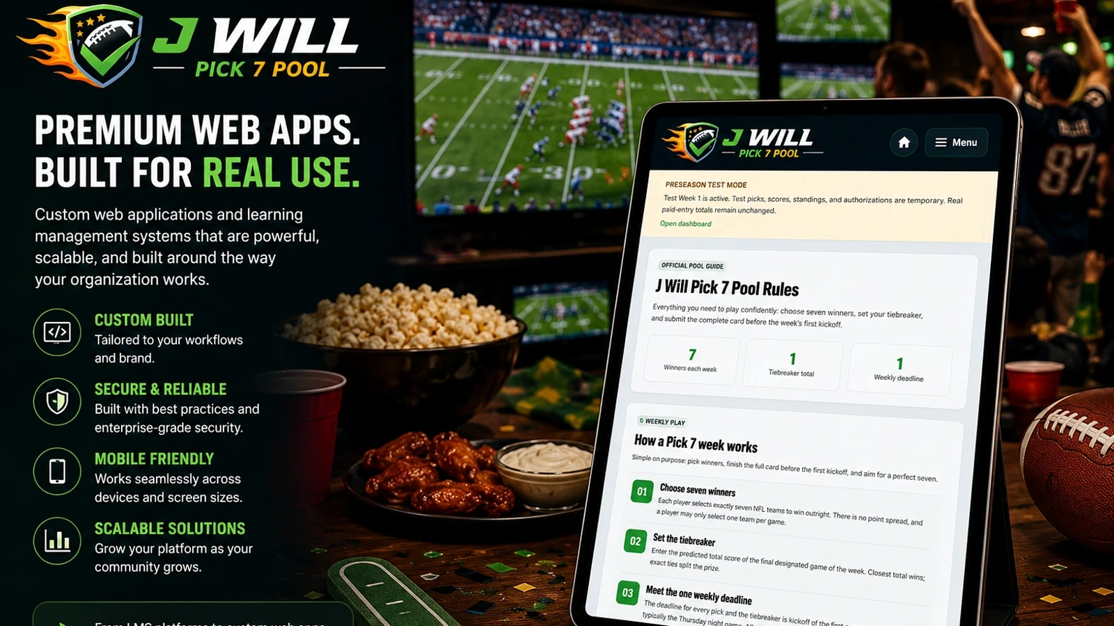 J Will Pick 7 private web application shown during weekly use