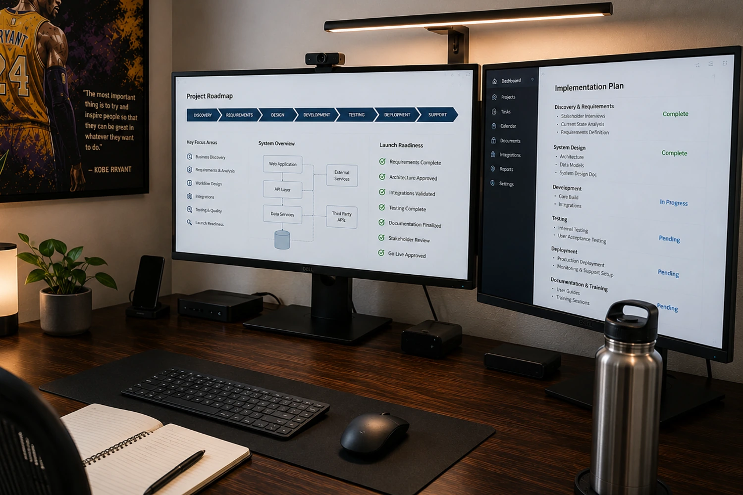Project roadmap and implementation plan displayed across two monitors
