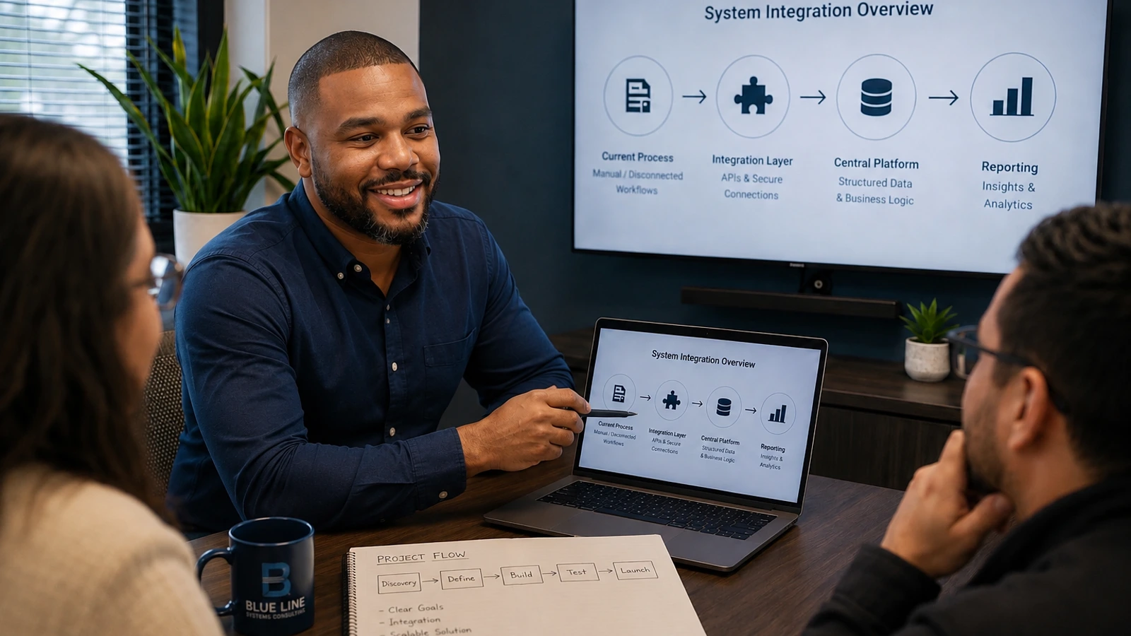 Consultant reviewing a practical digital systems plan with clients