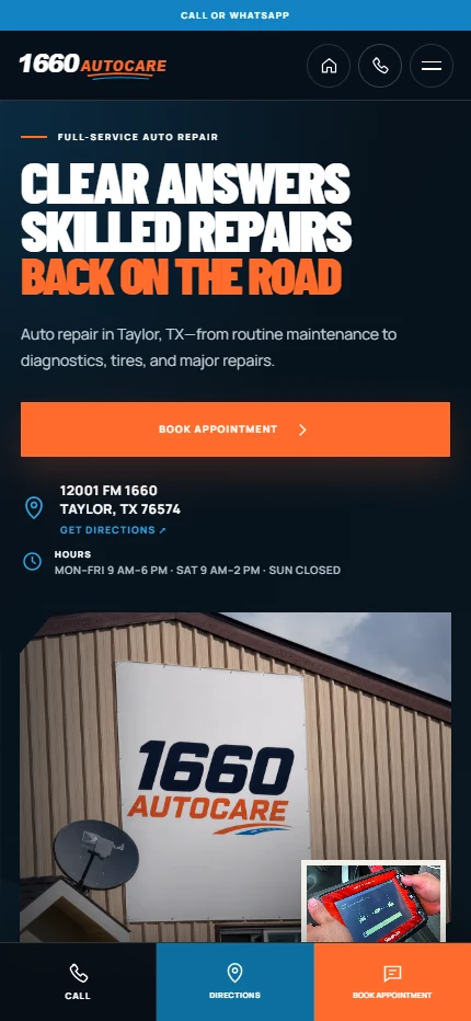 1660 AutoCare mobile website with its service navigation and appointment link