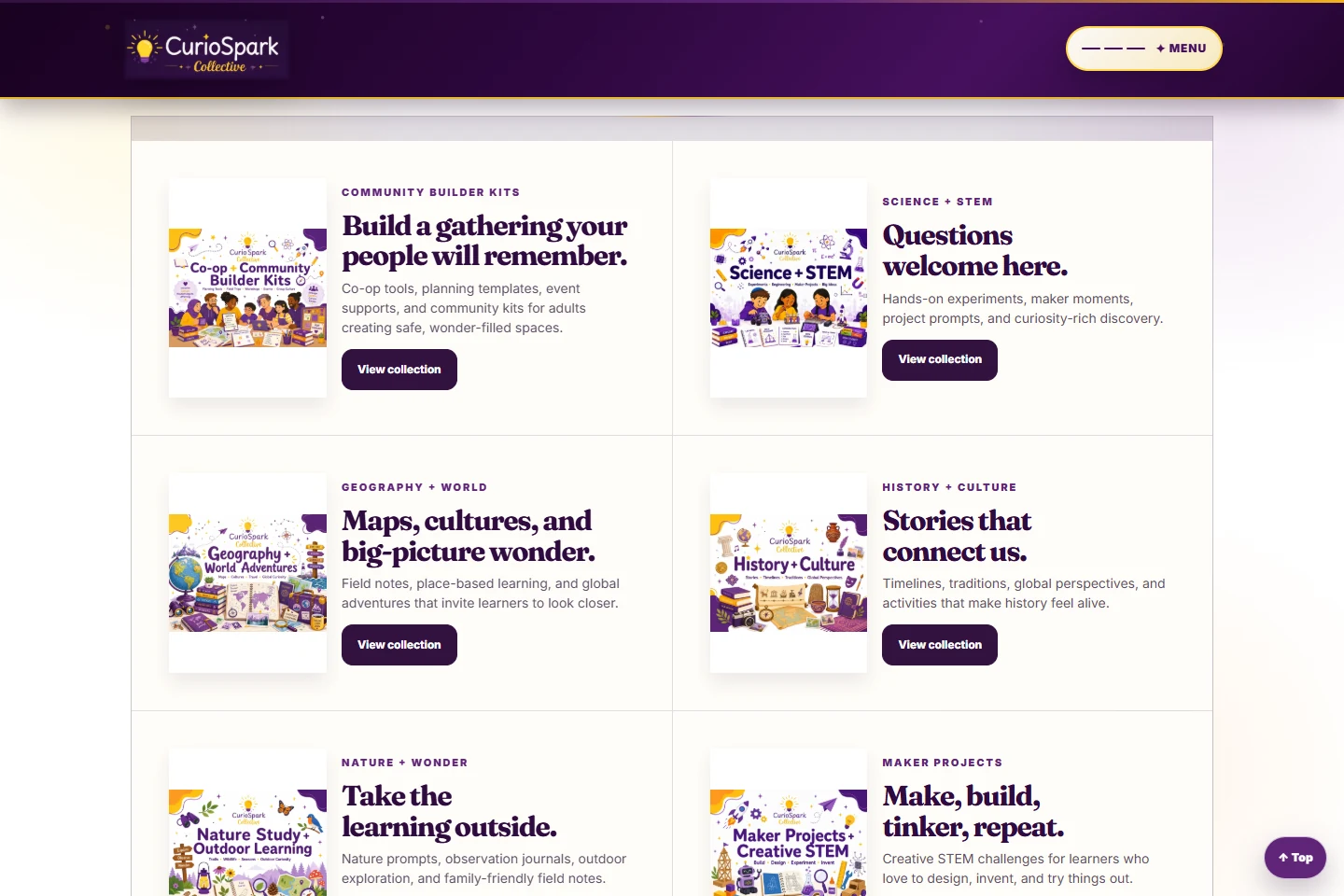CurioSpark public resource catalog with themed learning collections
