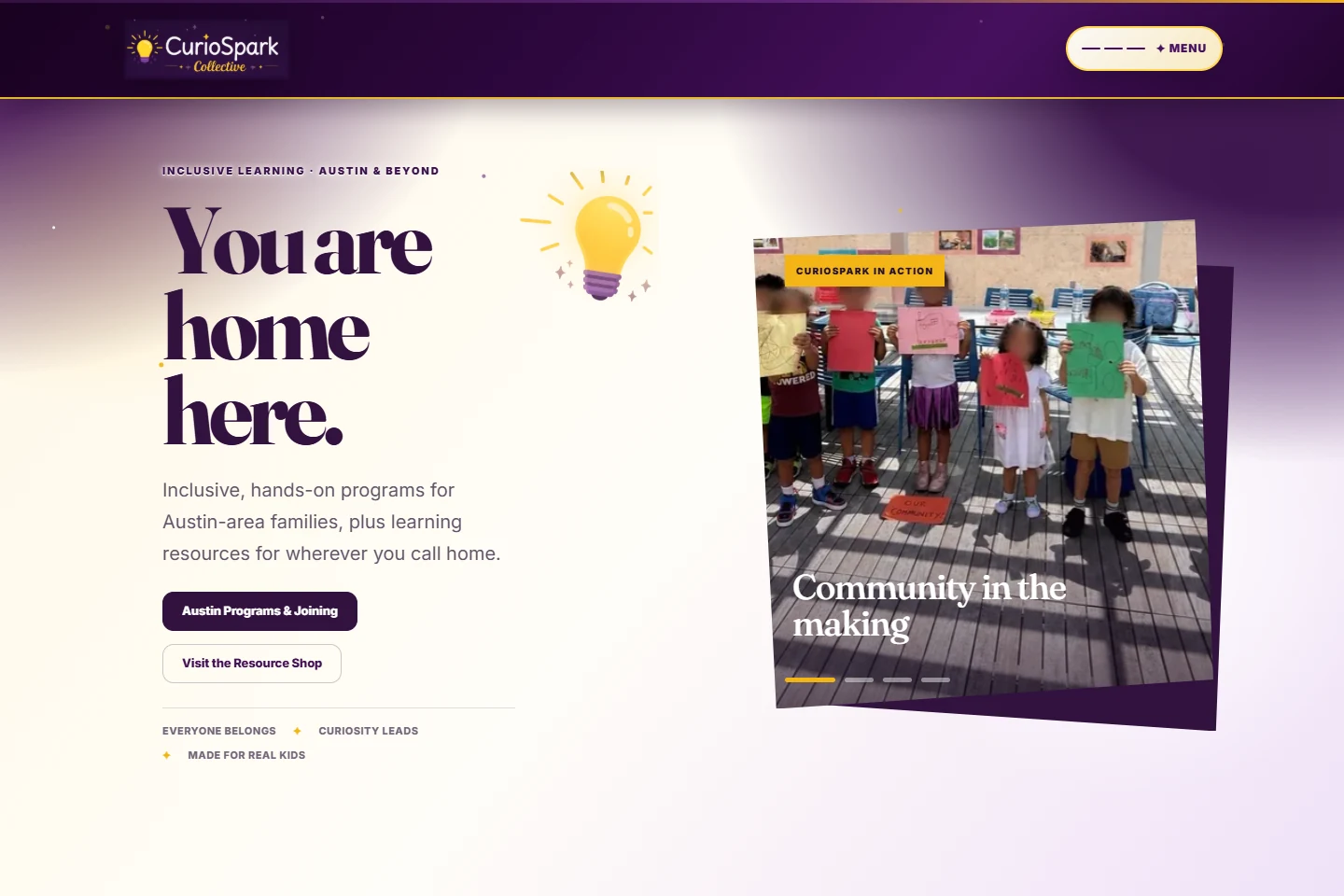 CurioSpark public homepage with its current learning community identity and program links
