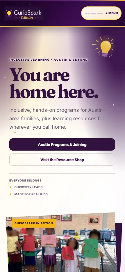 CurioSpark mobile homepage with program and learning-resource links