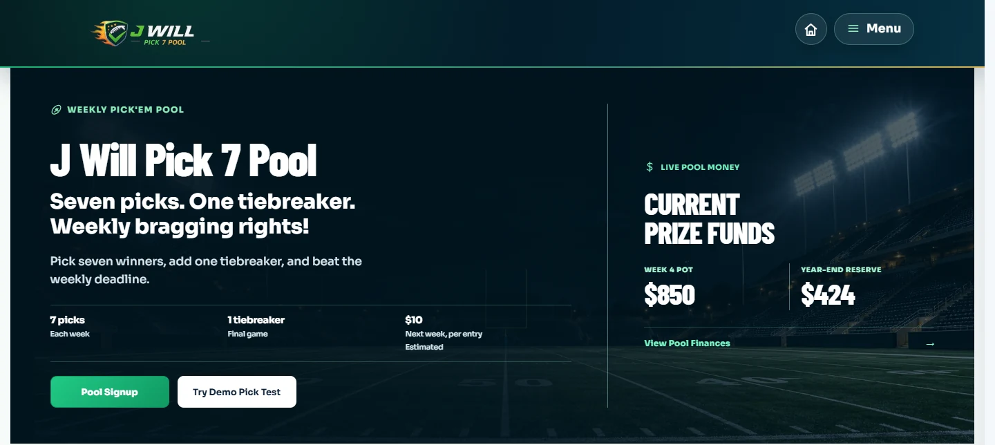 J Will Pick 7 public homepage with weekly pool entry and practice links
