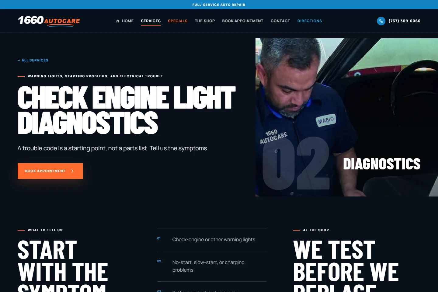 1660 AutoCare diagnostic service page with appointment booking