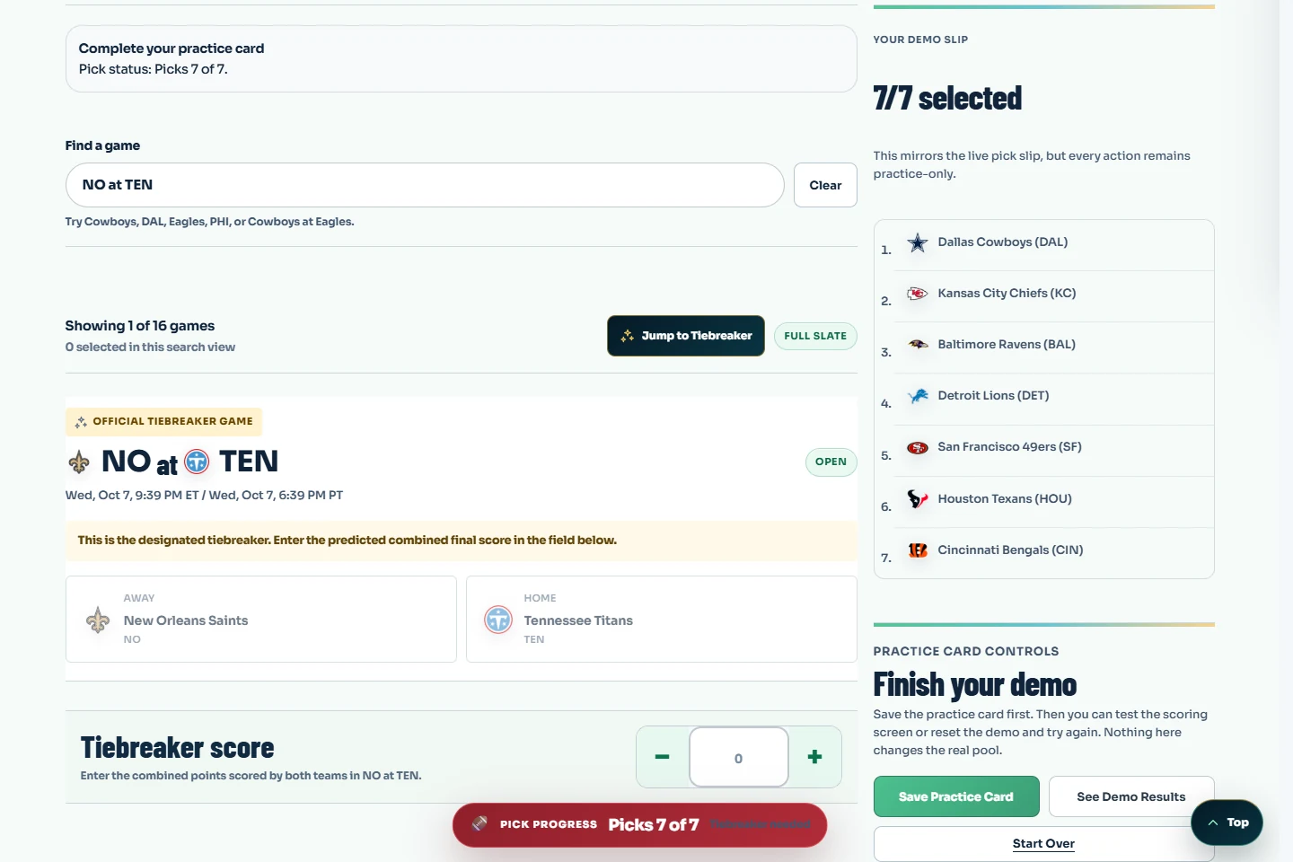 J Will Pick 7 public practice workflow with a sample selection summary and tiebreaker controls