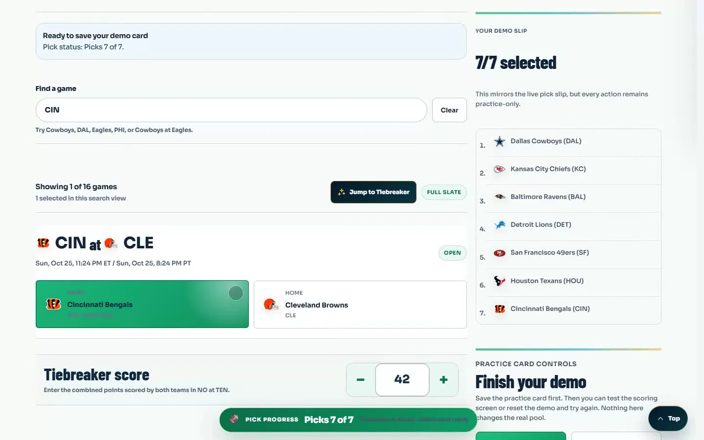 J Will Pick 7 public practice screen, with matchup search, team choices and a practice slip